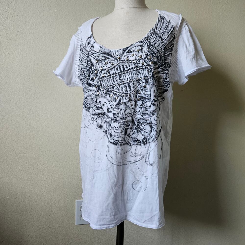 Womans Harley Davidson Graphic VNeck White Rhinestone Studded Graphic XLarge
